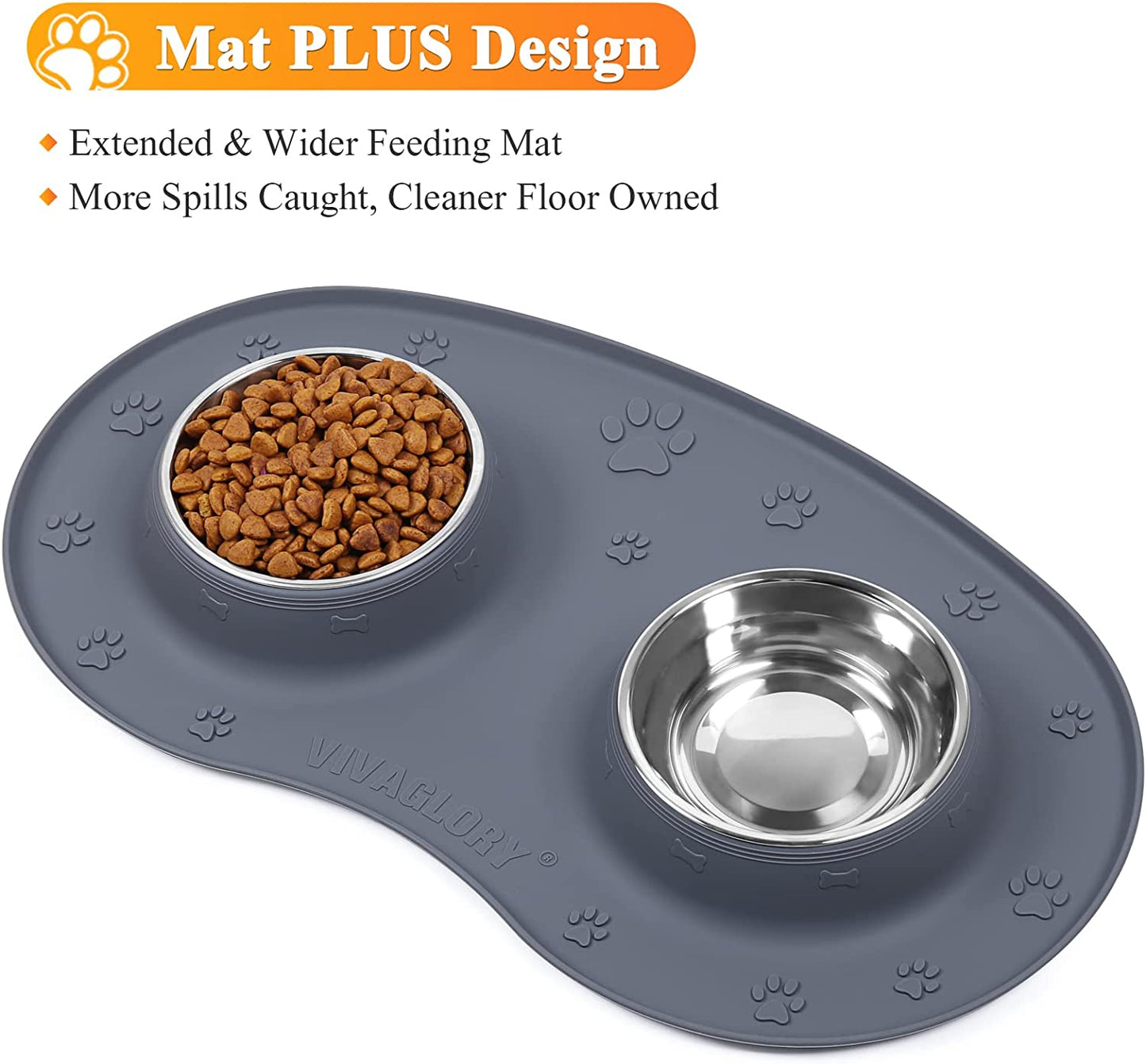 Double Stainless Steel Pet Bowls Set with Non-Skid Silicone Mat - Spill Proof Design for Pets, Grey