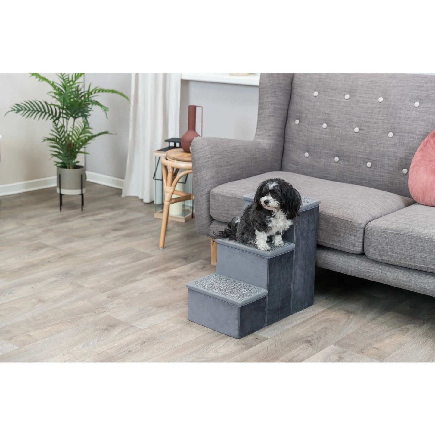 3-Step Foldable Velour Pet Stairs with Storage, Gray