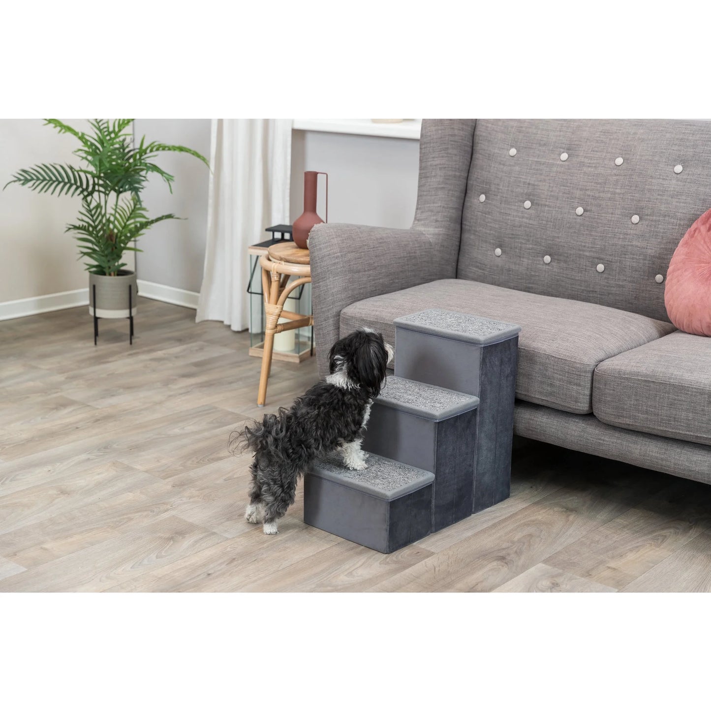 3-Step Foldable Velour Pet Stairs with Storage, Gray