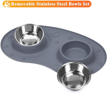 Double Stainless Steel Pet Bowls Set with Non-Skid Silicone Mat - Spill Proof Design for Pets, Grey