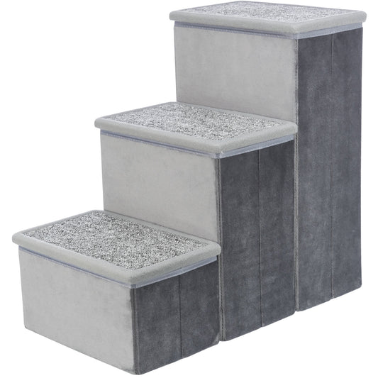 3-Step Foldable Velour Pet Stairs with Storage, Gray