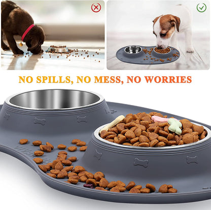 Double Stainless Steel Pet Bowls Set with Non-Skid Silicone Mat - Spill Proof Design for Pets, Grey