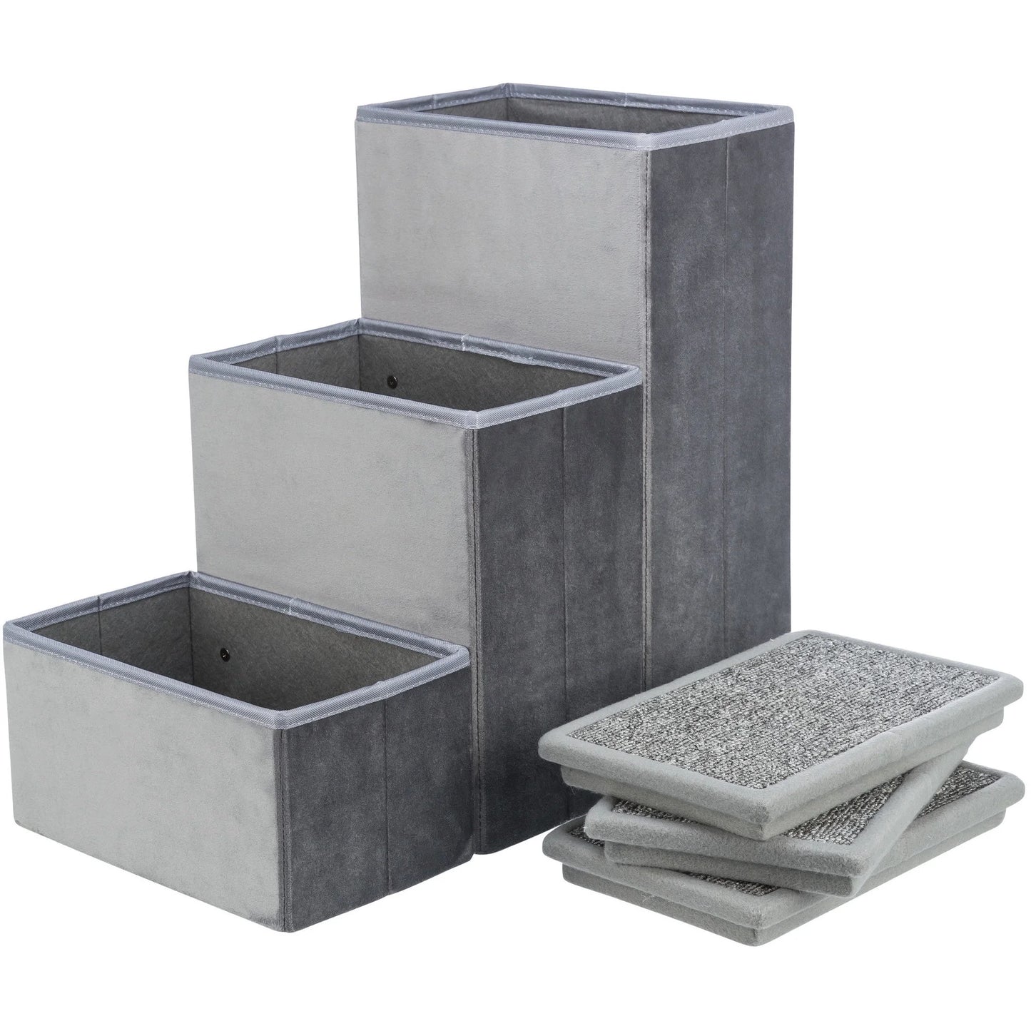 3-Step Foldable Velour Pet Stairs with Storage, Gray